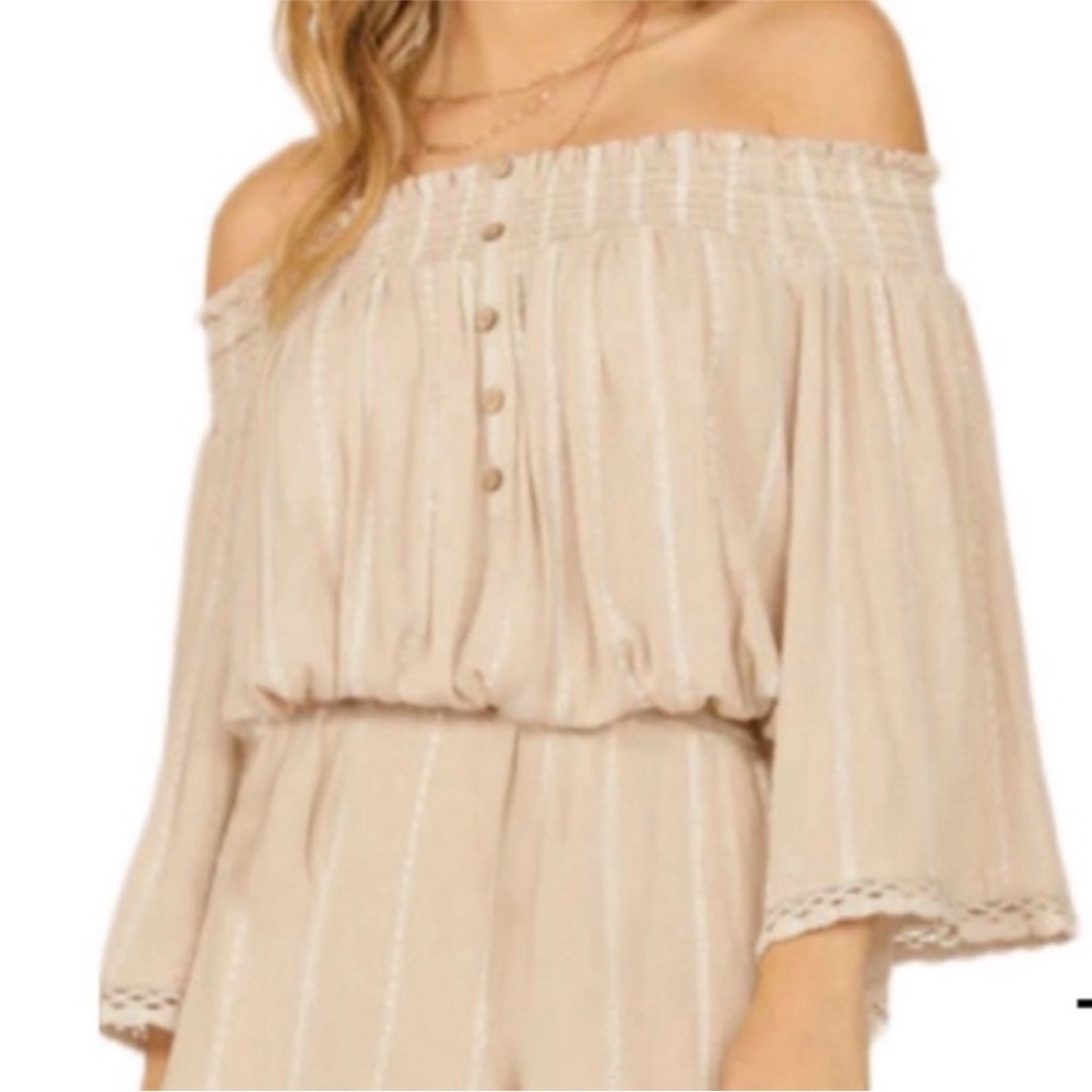 Surf Gypsy Crinkle Of The Shoulder Tassel Tan Medium Ruched Embroidered Crop Top